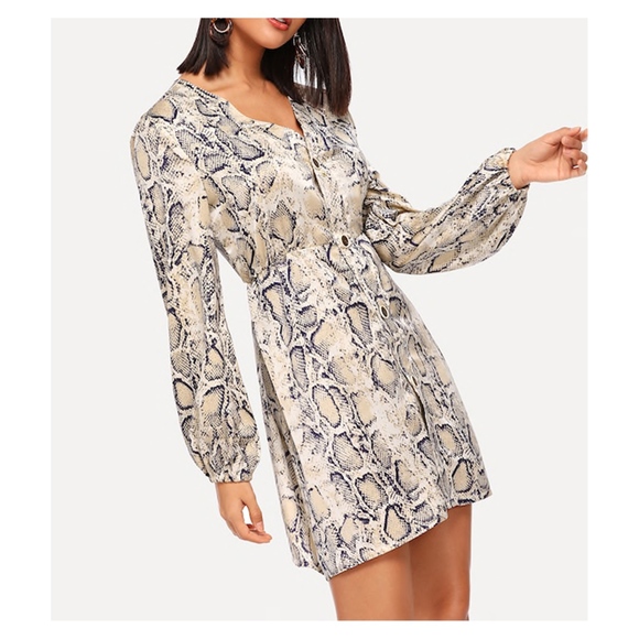 Snake Print Long Sleeve Button Down Mini Dress - Picture 4 of 5